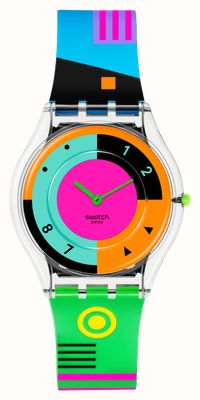 Swatch NEON HOT RACER (34mm) Multi-Coloured Dial / Transparent Matte Neon-Print Silicone Strap SS08K119