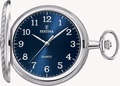 Festina Full-Hunter Quartz Pocket Watch (49mm) Blue Sunray Dial / Stainless Steel Case & Chain F2021/2