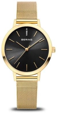 Bering Women's Classic (34mm) Black Sunray Dial / Gold-Tone Stainless Steel Milanese Mesh Bracelet 13434-332