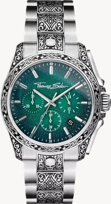 Thomas Sabo Rebel At Heart Chrono (41mm) Dark Green Textured Dial / Engraved Stainless Steel Bracelet WA0445-201-211-41