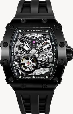TSAR BOMBA Elemental Series Automatic (43.5mm) Black Skeleton Dial / Black Silicone Strap Watch TB8208A-45