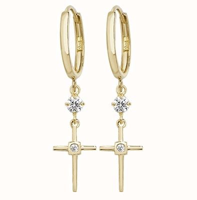 James Moore TH 9k Yellow Gold Drop Cross Cubic Zirconia Earrings ER1125