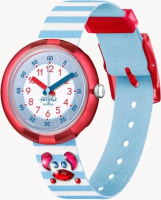 Flik Flak Shine Bright SHINING CRAB (32mm) White Dial / Blue & White Recycled PET Strap FPNP143