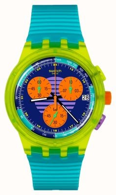 Swatch NEON WAVE (42mm) Multi-Coloured Dial / Structured Turquoise Silicone Strap SUSJ404