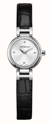 Herbelin Lady H Quartz (22mm) Silver Sunray Dial / Black Leather Strap 17312AP12