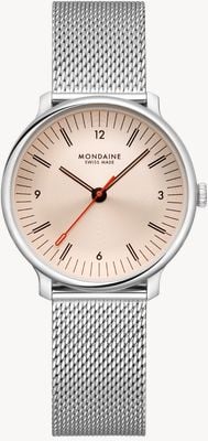 Mondaine Doppio (33mm) Rose-Gold Moiré Dial / Stainless Steel Mesh Bracelet Watch MLE.33150.SM