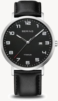 Bering Titanium | Black Dial With Date Window | Black Leather Strap | Brushed Titanium Case 18640-402