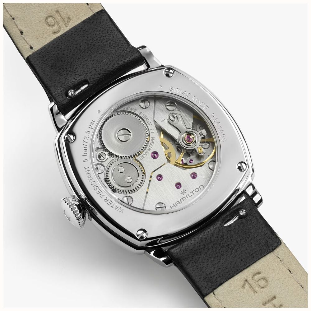 Hamilton American Classic Cushion Mechanical (30mm) Sandblasted Beige Dial / Black Leather Strap Watch H36109710 - alternate view 6