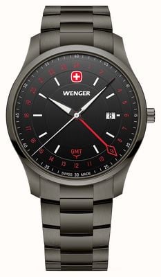 Wenger City GMT Quartz (42mm) Brushed Black Dial / Black PVD Stainless Steel Bracelet 01.1442.108