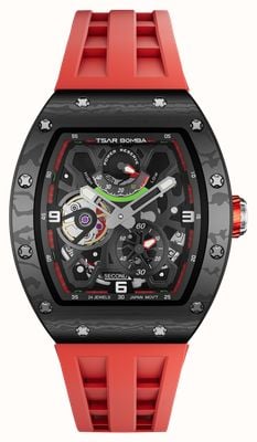 TSAR BOMBA Elemental Series Carbon Automatic Power-Reserve (42.8mm) Black Dial / Red FKM Rubber Strap TB8212CF-02