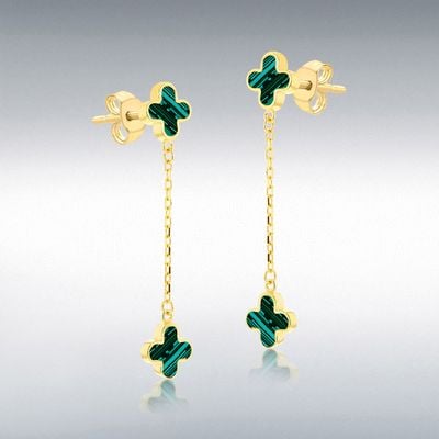 9ct Yellow Gold Malachite-Set Clover Drop Earrings 1.54.5077