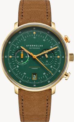 STERNGLAS Hamburg Mecha-Quartz Chrono Edition Vintage (42mm) Dark Green Dial / Brown Suede Strap S01-HCV22-WL02