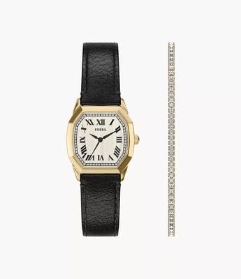 Fossil Harlow 27 mm Three-Hand Black Leather Watch and Bracelet Set ES5526SET