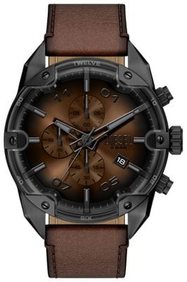 Diesel Spiked Black Leather Brown Dial Watch DZ4735