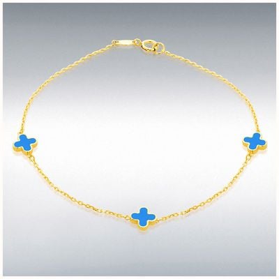 9ct Yellow Gold 3 X 6.5mm Turquoise Clover Petals Bracelet 1 1.29.1632