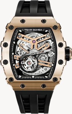 TSAR BOMBA Elemental Series Automatic (43mm) Rose-Gold Skeleton Dial / Black Silicone Strap Watch TB8208A-46
