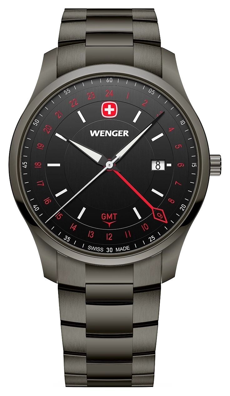 Wenger 01.1442.108 City GMT Quartz (42mm) Brushed Black Dial Watch