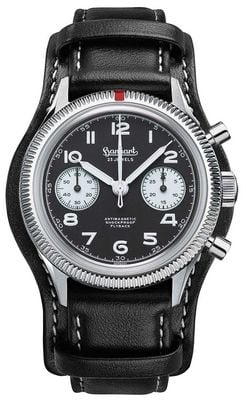 Hanhart 417 ES 1954 Flyback Reverse Panda (39mm) Black Dial / Black Leather Strap - M H701.211-7010