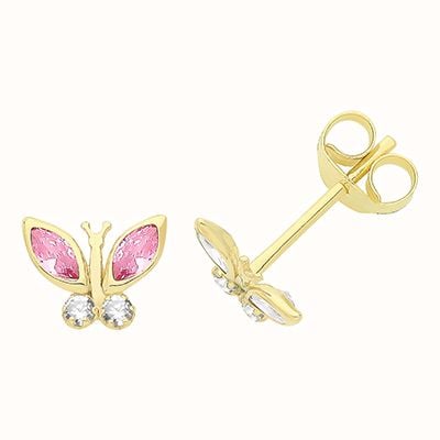 James Moore TH 9ct Yellow Gold Pink/clear Cz Butterfly Stud Earrings ES727