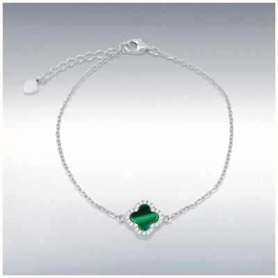 Sterling Silver Rhodium Plated 11mm Clover Malachite 1.1mm White CZ Adjustable Bracelet 8.23.8102