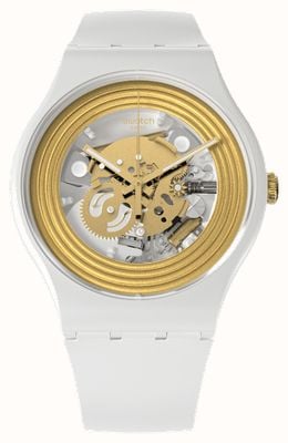 Swatch GOLDEN RINGS WHITE Skeleton Dial Watch SO29W107