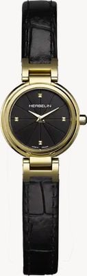 Herbelin Lady H Quartz (22mm) Black Sunray Dial / Black Leather Strap 17312P1N14