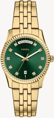 Fossil Scarlette Day/Date (34mm) Green Sunray Dial / Gold PVD Stainless Steel Bracelet ES5460