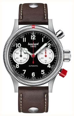 Hanhart PIONEER Mk II Automatic Chronograph (40mm) Reverse Panda Dial / Dark Brown Leather Rivet Strap - M 716.211-0110