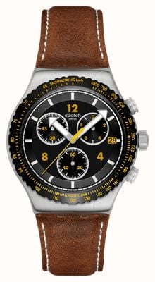 Swatch CANYON CHASER (43mm) Black Chronograph Dial / Brown Leather Strap YVS530