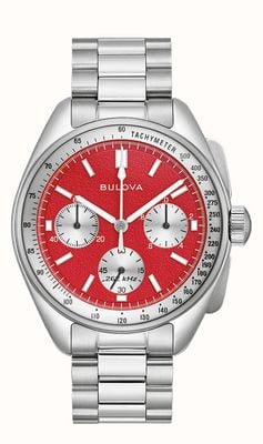 Bulova Lunar Pilot Chronograph Blood Moon (43.5mm) Red Dial / Stainless Steel and Black Leather Strap Set 96K115