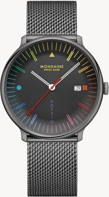Mondaine Doppio Bauhaus Inspired (41mm) Black Dial / Black PVD Stainless Steel Mesh Bracelet MLE.41221.SM