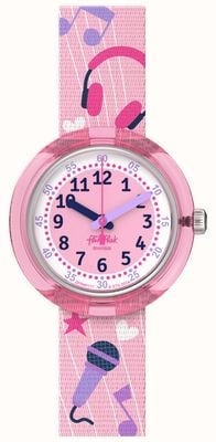 Flik Flak KARAOKEEE (31.85mm) Pink and White Dial / Pink Music Patterned Strap FPNP171