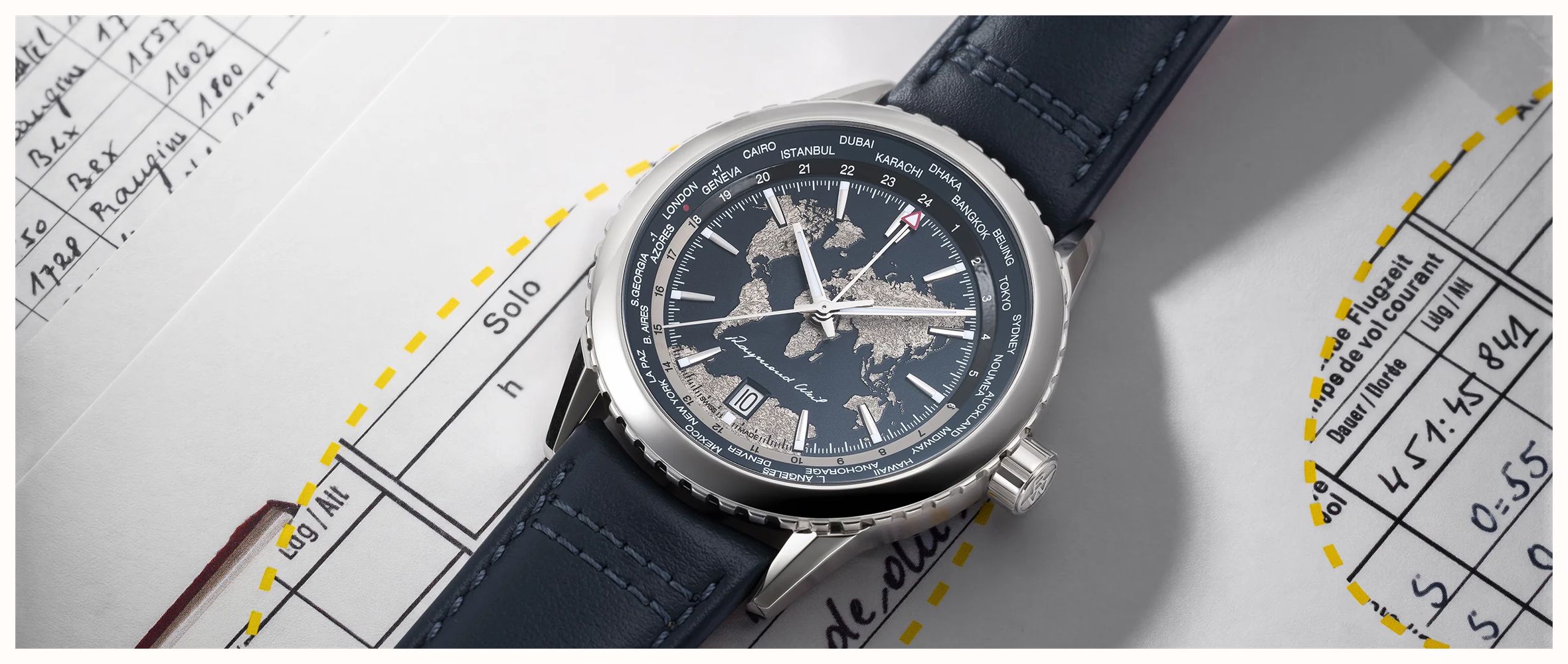 Raymond Weil Freelancer World-Traveller GMT Limited Edition (40mm) Blue 'World Map' Dial / Blue Leather Strap 2762-STC-02026 - alternate view 6