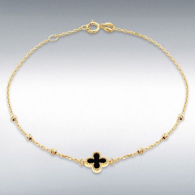 9ct Yellow Gold 8.5mm Black Onyx Clover DC Ball Bracelet 18c 1.29.2252