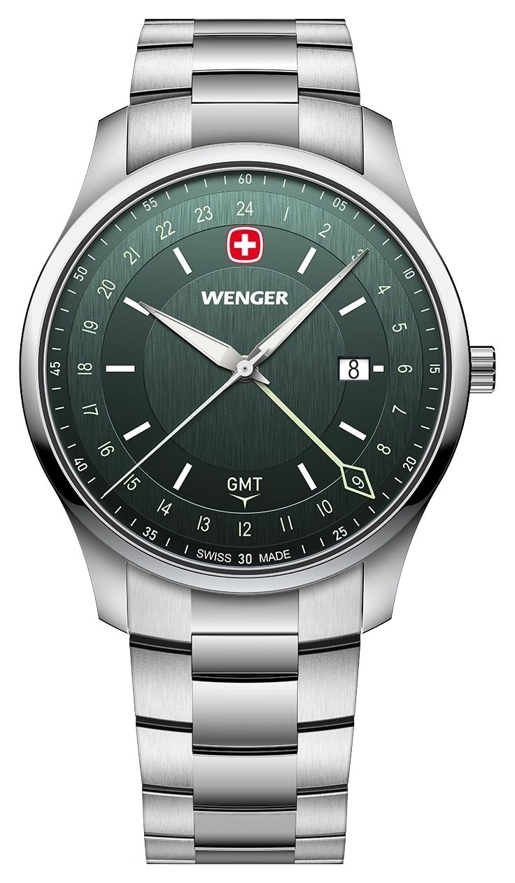 Wenger 01.1442.107 City GMT Quartz (42mm) Brushed Green Dial Watch
