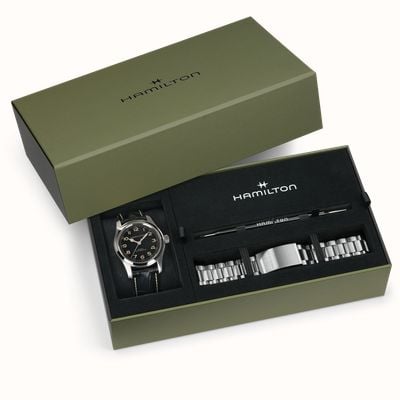 Hamilton Khaki Field Murph Automatic Bracelet Bundle (42mm) Black Dial / Black Leather Strap &.Steel Bracelet H70605732