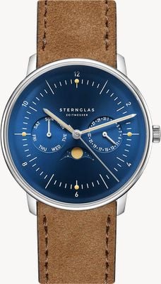 STERNGLAS Naos Moonphase Quartz (38mm) Midnight Blue Sunray Dial / Brown Suede Strap S01-NM06-WL01