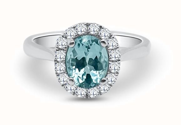 Bass Jewellery 18ct White Gold Oval Aquamarine 1.17ct 0.29ct Diamond Ring U6