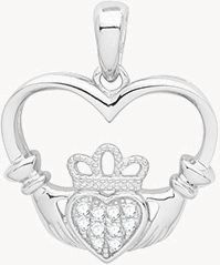 Silver Rhodium CZ Set Heart Claddagh Pendant G61060