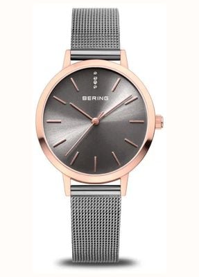 Bering Women's Classic (34mm) Grey Sunray Dial / Grey Stainless Steel Milanese Mesh Bracelet 13434-369