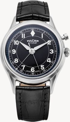 Vulcain Cricket Classique Hand-Wound Alarm Calibre (39mm) Black Dial / Black Calf Leather Strap Watch 100268B07.BAN248