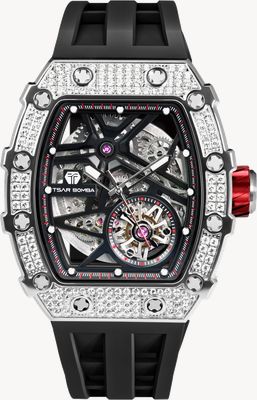 TSAR BOMBA Elemental Series Crystal Automatic (43.5mm) Black Skeleton Dial / Black FKM Rubber Strap TB8209D-02