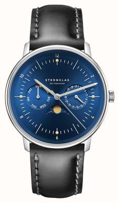 STERNGLAS Naos Moonphase Quartz (38mm) Midnight Blue Sunray Dial / Bridle Black Leather Strap S01-NM06-BR02