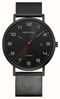 Bering Titanium Quartz (40mm) Black Sunray Dial / Black Milanese Mesh Strap Watch 18640-122