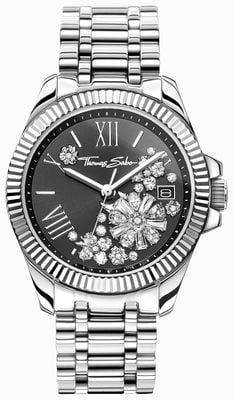 Thomas Sabo Women's Divine Flower (33mm) Black Crystal-Set Dial / Stainless Steel Bracelet WA0421-201-201-33 MM