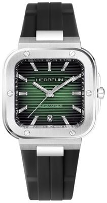 Herbelin Men's Cap Camarat Square Automatic (39mm) Green Dial / Black FKM Rubber Strap 1646A16CA