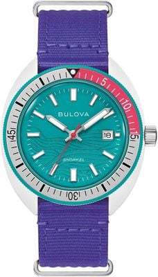 Bulova Snorkel 'Coral Reef' Limited Edition (41mm) Teal Wave Dial / Violet #TIDE Ocean Material NATO Strap 98B447