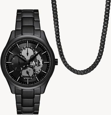 Armani Exchange Men's Dante Gift Set (42mm) Black Dial / Black Stainless Steel Bracelet with Matching Necklace AX7160SET