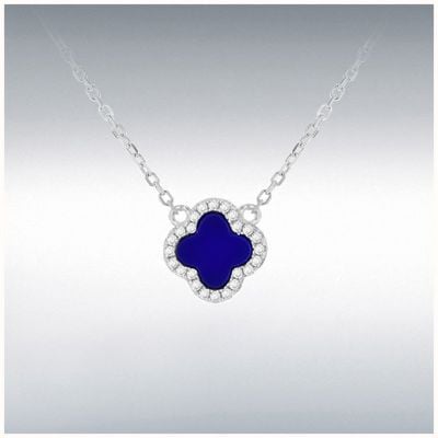 Sterling Silver Rhodium Plated 11mm Clover Syn Blue Lazurite and 1.1mm White CZ Adjustable Necklace 8.13.8080