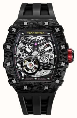 TSAR BOMBA Elemental Series Carbon Fiber Automatic (43.5mm) Black Skeleton Dial / Black FKM Rubber Strap TB8208CF-08